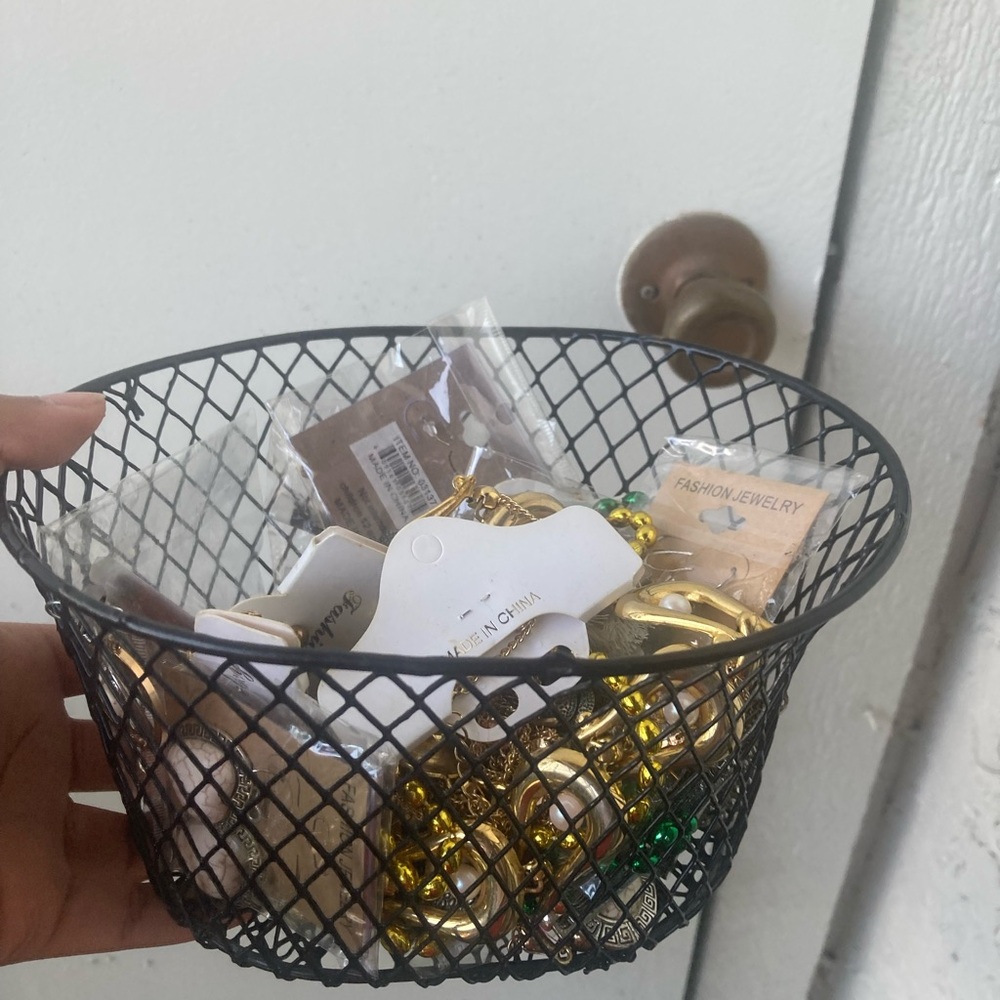 Black Wire Basket with Assorted Jewelry